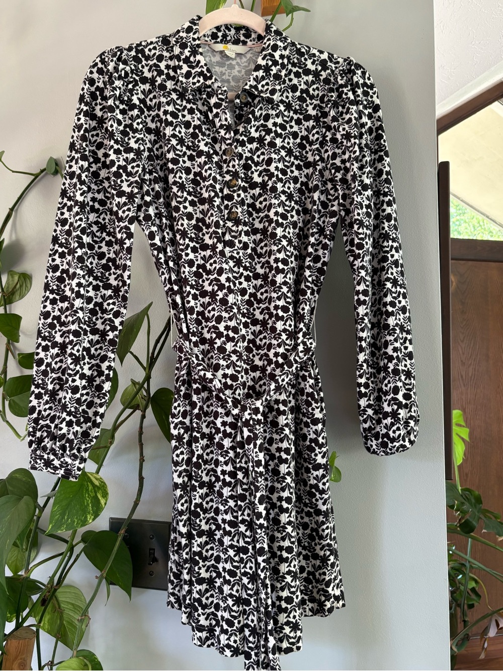 Boden Black & White Floral Long-Sleeve Shirt Dress